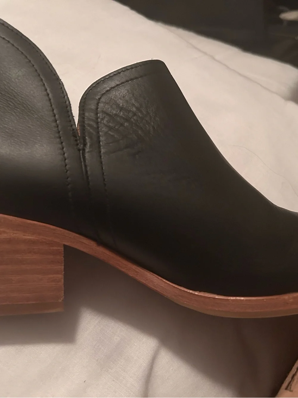 Nisolo Black Leather Ankle Booties with Tan Wood Heel